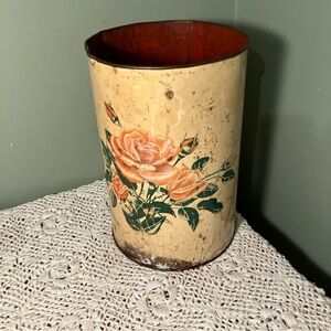 VTG Decorware Rose Flower Cream White/Red Metal Trash Garbage Can